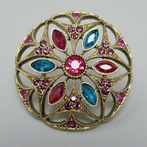 Vintage Pink and Blue Rhinestone Brooch, Gold Tone Lapel Pin Setting, Estate